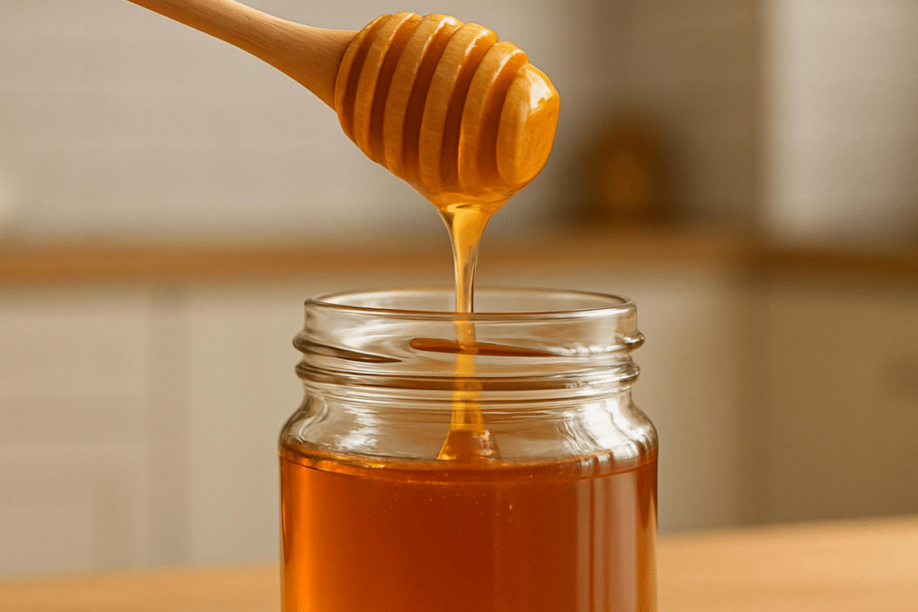 Du miel pur est versé dans un petite bocal