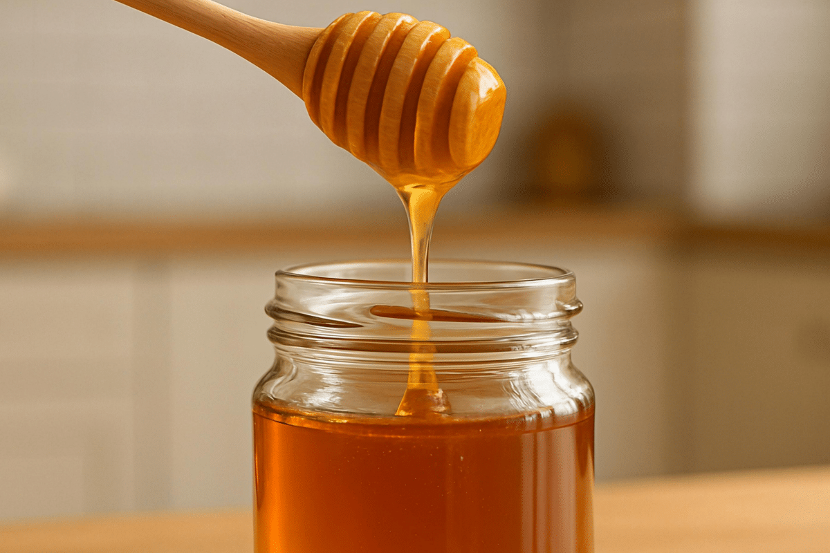 bienfaits du miel sur la santé Du miel pur est versé dans un petite bocal